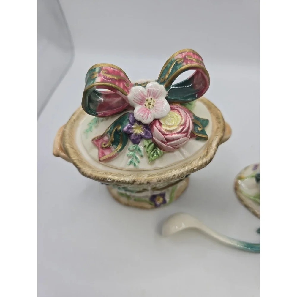 FITZ AND FLOYD Woodland Spring Sugar Bowl & Creamer Set w/lid & spoon